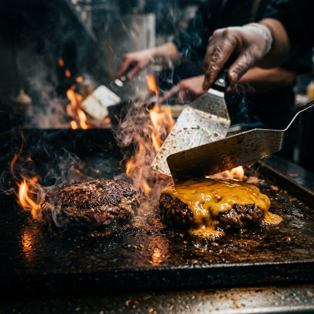 Carne fritando na chapa quente
