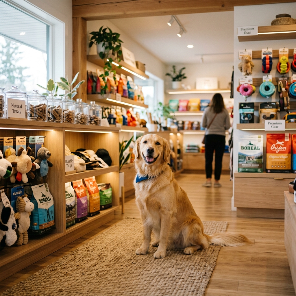 Interior do Pet Shop com cachorro